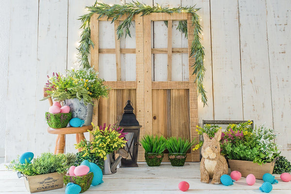 Easter Photography Backdrop - Bunny with eggs and plants