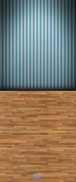 Backdrop - Wooden Floor Teal Striped Wall